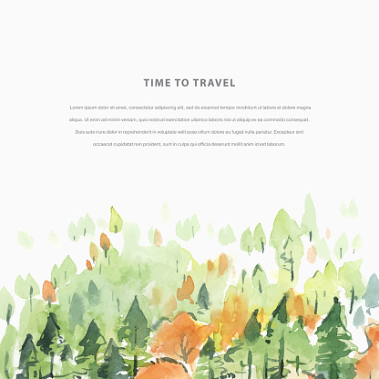 Time to Travel watercolor autumn hand draw vector illustration with coniferous forest. Travel template frame for invitation, poster, flyer, banner, card.Place for message