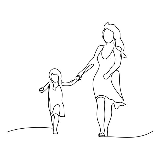 Mother and daughter walking together Happy mom with her female child in continuous line art drawing style. Minimalist black linear sketch isolated on white background. Vector illustration walking drawings stock illustrations