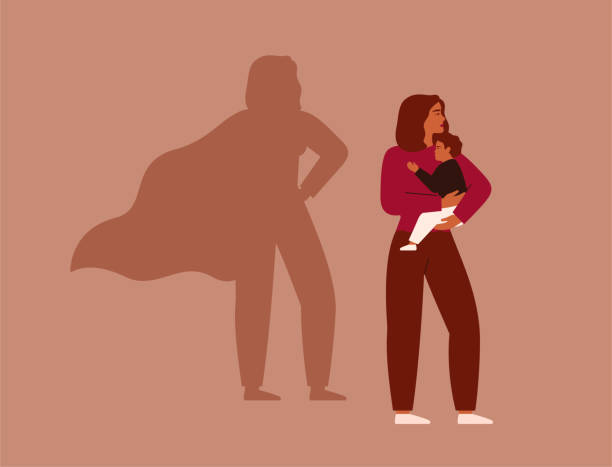 ilustraciones, imágenes clip art, dibujos animados e iconos de stock de mujer trabajadora fuerte sostiene a su hijo en la sombra de la mujer de fondo en la capa como un superhéroe. concepto de maternidad y carrera. - working mother working mother balance