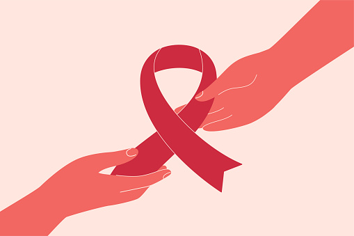 Pink ribbon is passing from hand to hand. Breast cancer awareness concept with human arms holding big pink ribbon. Medical vector illustration.