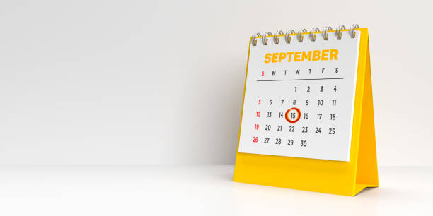 Monthly 3D calendar for 15th September reminding Batman and Democracy day celebration Special days concept: Important holidays and events marked in red on a white and yellow monthly desktop calendar for 2021. A modern reminder to prepare for that extra day. White background with large blank space for additional text message. september calendar stock pictures, royalty-free photos & images