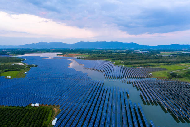 istock Huge solar farm with sunset view 1331118386
