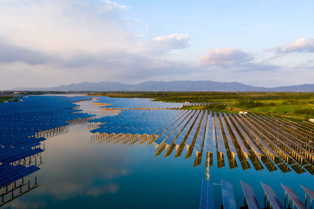 istock Huge solar farm with sunset view 1331118475