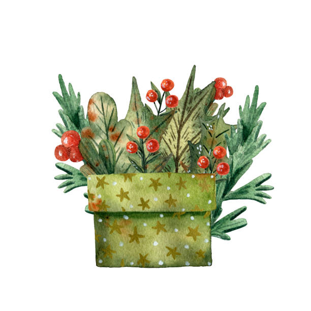 ilustrações de stock, clip art, desenhos animados e ícones de watercolor christmas illustration. green gift box. happy new year. mistletoe and holly bouquet. red bow. golden stars. celebration design. merry christmas box. winter decor. hand drawn cartoon style. - gift box packaging drawing illustration and painting