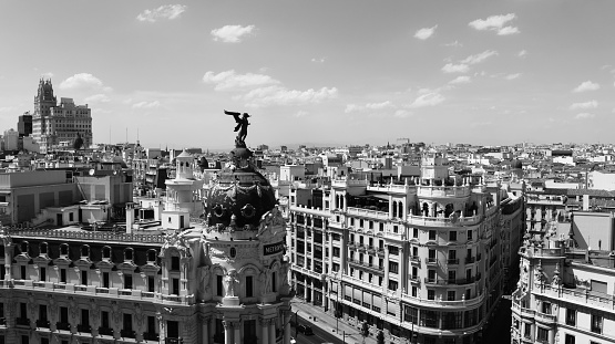 Madrid cityscape - Panorama of the Gran Via in black and white