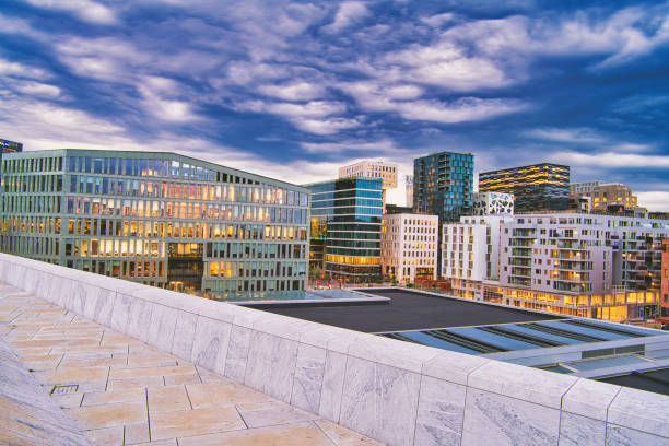 Panoramic view over modern city building in Oslo after sunset, Norway. The night is still illuminated by blue light because of the midnight-sun effect over the north polar circle.
