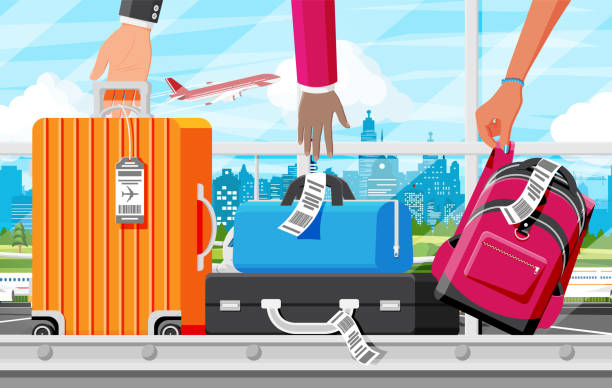bildbanksillustrationer, clip art samt tecknat material och ikoner med conveyor belt with passenger luggage baggage claim - airport security