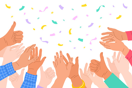 Clapping human hands. Crowd of men and women congratulates a winner. Business team applauding for great successful work. Teamwork and togetherness concept. Hand drawn colorful illustration