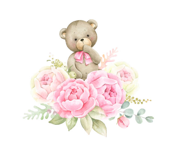 Newborn Baby bear with pink flowers and green leeves."n"n Newborn Baby bear with pink flowers and green leeves.Watercolor illustration isolated on white background. pink teddy bear stock illustrations