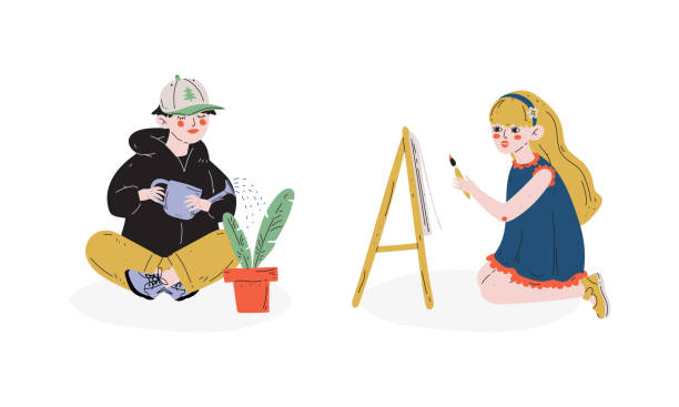 Talented Children Set, Boy Watering Houseplant, Girl Painting on Easel, Child Development, Hobby, Education Concept Vector Illustration Talented Children Set, Boy Watering Houseplant, Girl Painting on Easel, Child Development, Hobby, Education Concept Vector Illustration on White Background craft activities for preschoolers stock illustrations