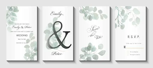 Vector illustration of Wedding invitation with leaves eucalyptus,  isolated on white.