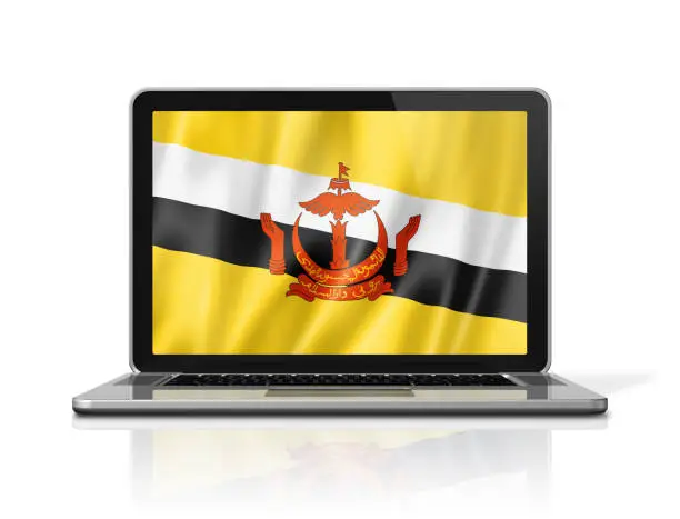 Photo of Bruneian flag on laptop screen isolated on white. 3D illustration