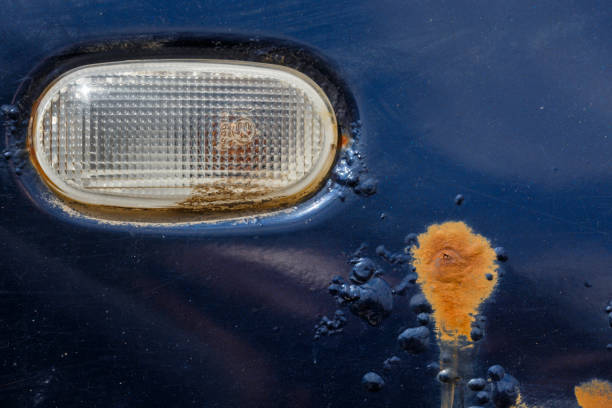 選択的な焦点と回転ランプのクローズアップが付いている錆びた青い車の翼 - faded reflection close up horizontal ストックフォトと画像