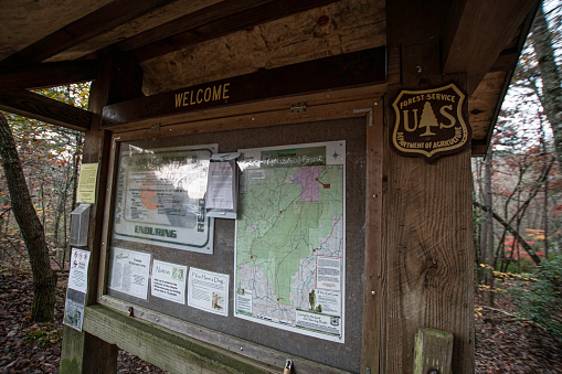 Lineville, Alabama, USA- Nov. 12, 2020: Bulletin board for  trailhead at the Cheaha Wilderness Area next to Cheaha State Park.
