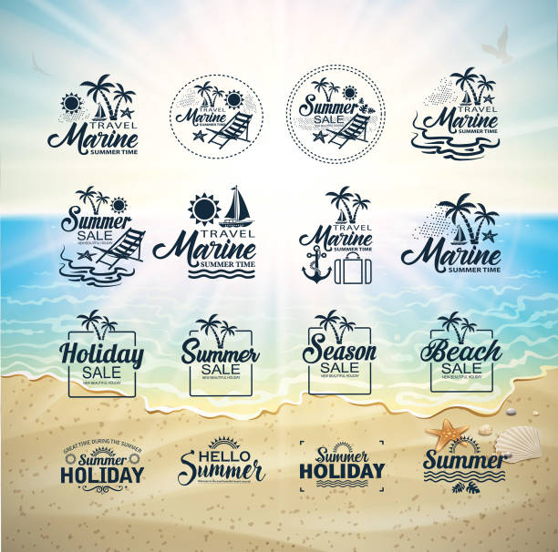 ilustrações de stock, clip art, desenhos animados e ícones de season message - wave island palm tree sea