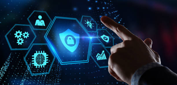 istock Cyber security data protection business technology privacy concept. Young businessman  select the icon security on the virtual display. 1331135457
