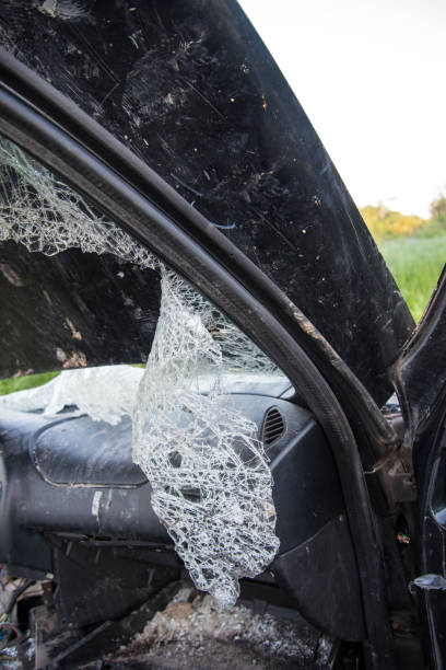 istock Broken car windshield close-up. Accident, downed crossings. Concept 1331135961