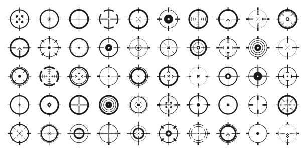 ilustraciones, imágenes clip art, dibujos animados e iconos de stock de punto de mira, iconos vectoriales de la mira de la pistola. diana, blanco negro o símbolo de puntería. alcance militar del rifle, tirando señal de la marca. apuntando, apuntando a un tiro. tiro con arco, caza y tiro deportivo. elemento de la interfaz de - telescopic sight