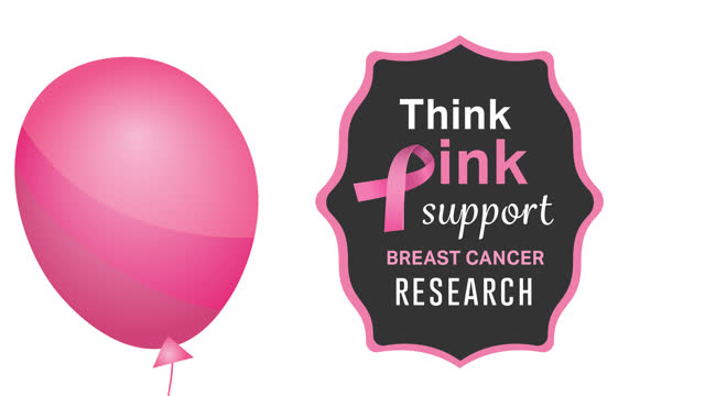 Animation of flying pink balloon over pink ribbon logo and breast cancer text