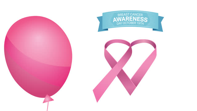 Animation of flying pink balloon over pink ribbon logo and breast cancer text