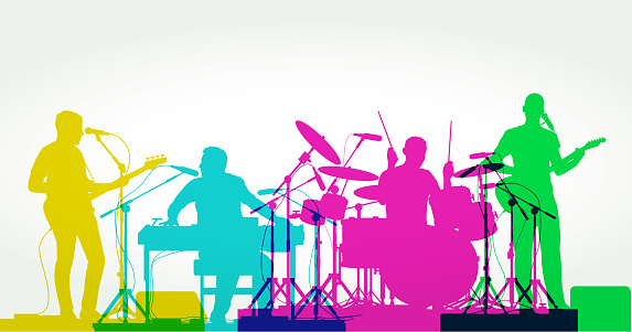 Colourful overlapping silhouette of rock musicians. Concert, rock concert, pop, music, musicians, rock star, entertainment, band, rhythm, blues, guitar, sing,