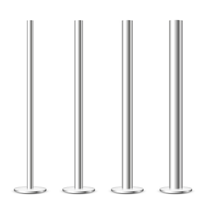 Realistic metal poles collection isolated on white background. Glossy steel pipes of various diameters. Billboard or advertising banner mount, holder. Vector illustration