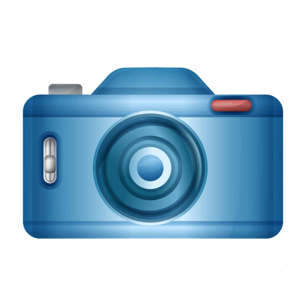 istock Blue photo camera sign. Photography picture or video creation studio. Professional photographer. Realistic optical digital equipment with lens. Snapshot, selfie, upload image album on online site. Isolated vector 1331144131