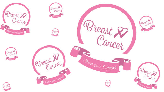 Animation of multiple pink ribbon logo and breast cancer text appearing on white background