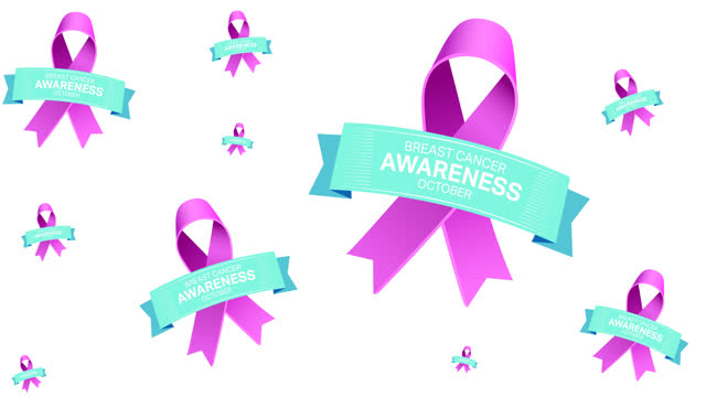 Animation of multiple pink ribbon logo and breast cancer text appearing on white background