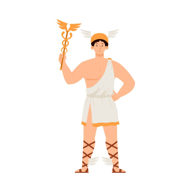 ilustraciones, imágenes clip art, dibujos animados e iconos de stock de hermes mercurio dios griego con varita y en sandalias aladas una ilustración vectorial - mercury greek god men roman god