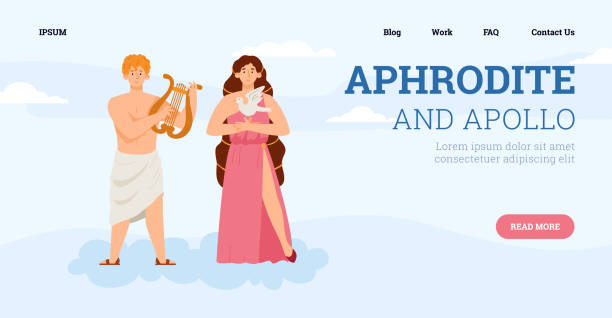 Vector webpage with goddess beauty Aphrodite and god light and patron arts apollo Vector webpage with goddess beauty Aphrodite and god light and patron arts apollo. Juno and phoebus deity olympian pantheon, divine characters of ancient greek mythology. famous archer stock illustrations