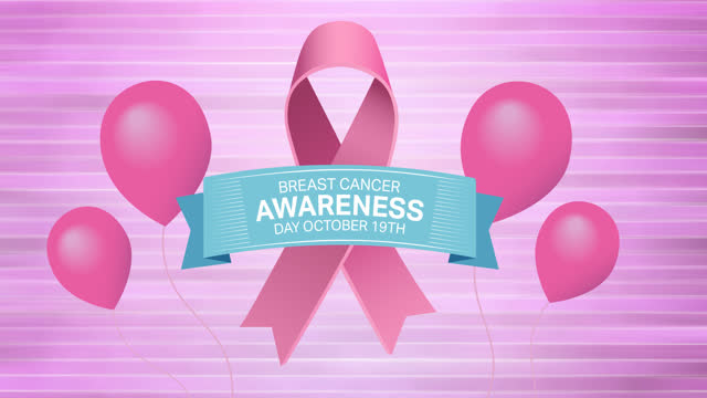 Animation of flying pink balloons over pink ribbon logo and breast cancer text