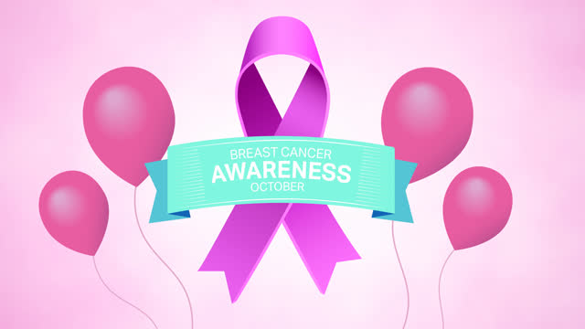 Animation of flying pink balloons over pink ribbon logo and breast cancer text