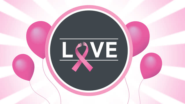 Animation of flying pink balloon over pink ribbon logo and love text