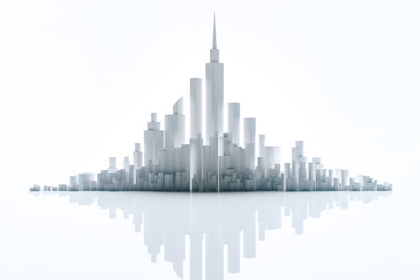 Abstract white futuristic city or architectural building on dark background with light. Future technology concept for designer. 3d render.