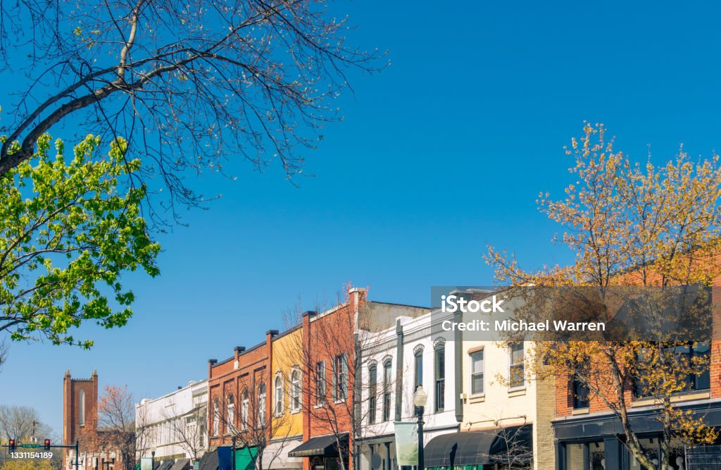 Small Town America Shops Row of shops in historic district of Franklin, Tennessee. Small Town America Stock Photo
