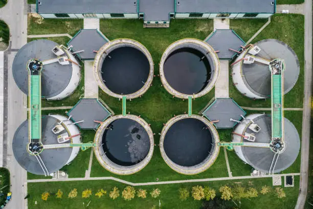 Photo of Abstract sendimentation tank of ironworks water treatment plant in Silesia Poland aerial drone photo view