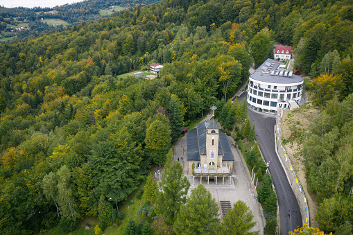 Church in szczyrk in beskid,silesia, Poland aerial drone photo view