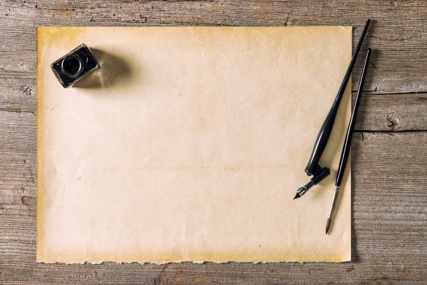 istock Paper mockup writing tools Ink pen inkwell Vintage flat lay 1331162576