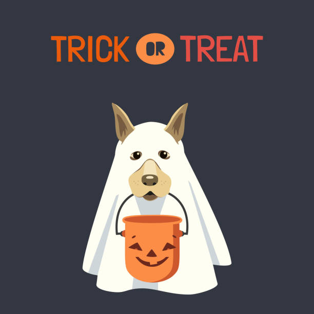ilustrações de stock, clip art, desenhos animados e ícones de dog in ghost costume with halloween bucket vector - material data sheets