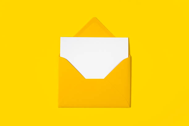 Blank white card with yellow envelope isolated on yellow background. Template or mock up. Banner with copy space.
