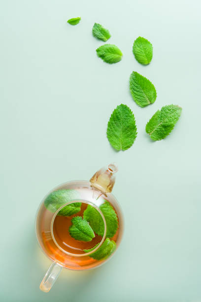 istock Herbal tea in transparent teapot with mint leaves. Flat lay, top view 1331164930