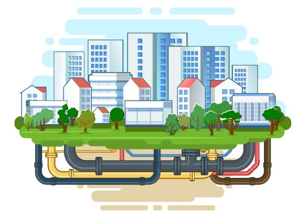 Pipeline for various purposes. City engineering network. Underground part of system. Isolated Illustration vector Pipeline for various purposes. City engineering network. Underground part of system. Isolated Illustration vector underground pipeline stock illustrations