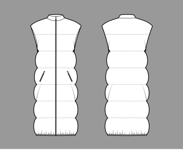 istock Down vest puffer waistcoat technical fashion illustration with sleeveless, stand collar, knee length, wide quilting 1331168048