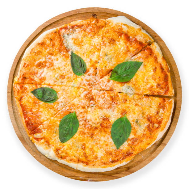 istock Pizza Quattro formaggi on wooden board isolated on white top view 1331176653