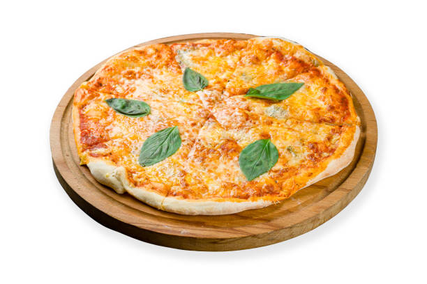 istock Pizza Quattro formaggi on wooden board isolated on white table 1331176726
