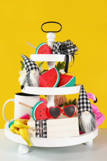 Summer theme on-trend Farmhouse aesthetic three tiered tray decor.
