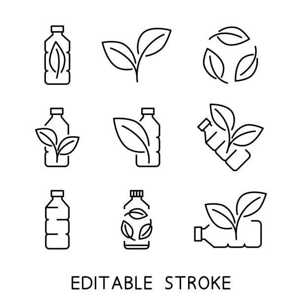 Recycle plastic bottle. Biodegradable icons. Icons of plastic bottle with green leaves. Eco friendly compostable material production. Zero waste, nature protection concept Recycle plastic bottle. Biodegradable icons. Icons of plastic bottle with green leaves. Eco friendly compostable material production. Zero waste, nature protection concept. Vector environmental issues illustrations stock illustrations