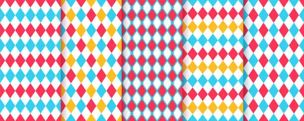 Vector illustration of Circus lozenge seamless patterns. Harlequin bright backgrounds. Vector illustration.