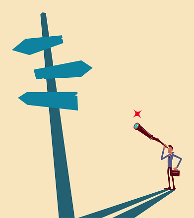Businessman Characters Vector Art Illustration.
Businessman standing in front of a directional sign and looking through a hand-held telescope to search for business opportunities and success.